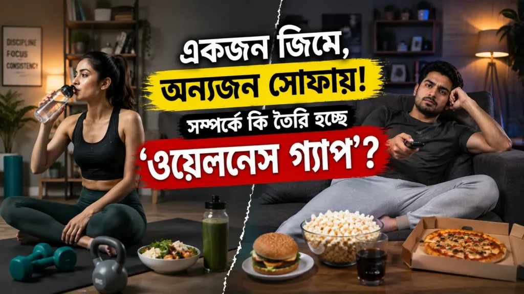 একজন দম্পতির ভিন্ন জীবনযাপন—একজন স্বাস্থ্যকর খাবার ও শরীরচর্চায় মনোযোগী, অন্যজন সোফায় বসে ফাস্টফুড ও পপকর্ন উপভোগ করছেন