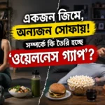 একজন দম্পতির ভিন্ন জীবনযাপন—একজন স্বাস্থ্যকর খাবার ও শরীরচর্চায় মনোযোগী, অন্যজন সোফায় বসে ফাস্টফুড ও পপকর্ন উপভোগ করছেন
