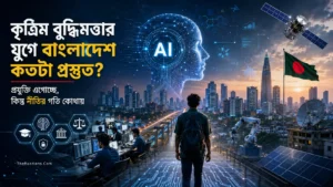 কৃত্রিম বুদ্ধিমত্তার যুগে বাংলাদেশের প্রযুক্তি ও নীতিগত প্রস্তুতির প্রতীকী দৃশ্য
