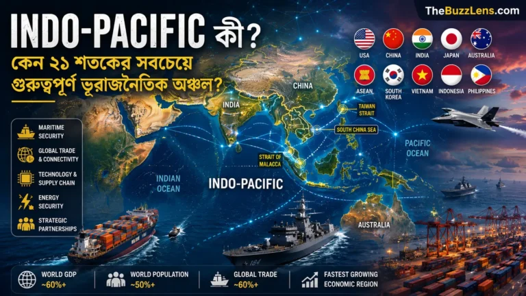 Indo-Pacific অঞ্চলের ভূরাজনীতি, সমুদ্রপথ ও বৈশ্বিক শক্তির প্রতীকী চিত্র