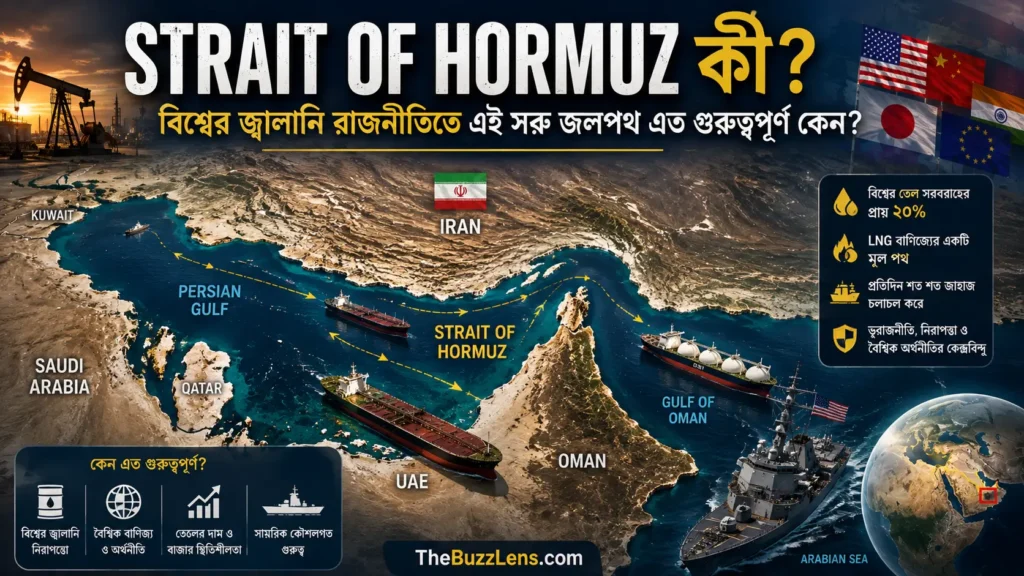 Strait of Hormuz ও বিশ্বের জ্বালানি ভূরাজনীতির প্রতীকী চিত্র