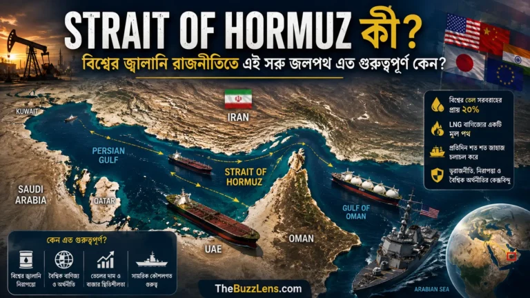 Strait of Hormuz ও বিশ্বের জ্বালানি ভূরাজনীতির প্রতীকী চিত্র